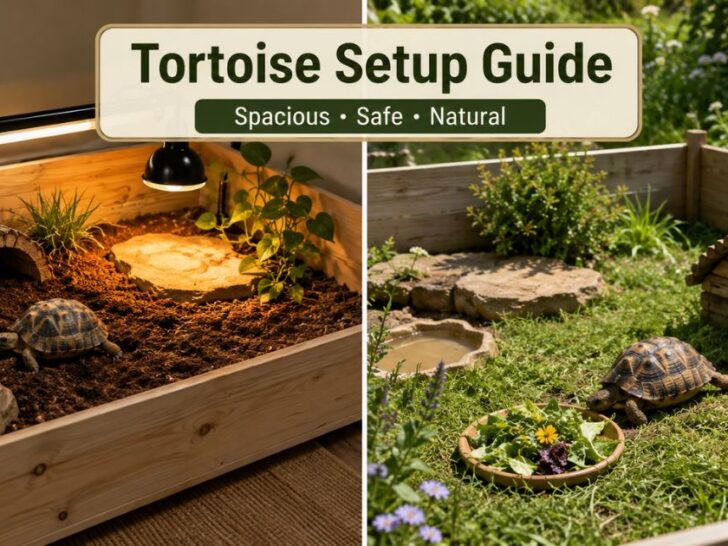 Indoor tortoise table and outdoor tortoise enclosure showing heat lamp, UVB lighting, substrate, hides, water dish, and safe plants.