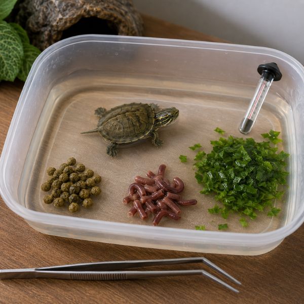 Baby aquatic turtle feeding setup with shallow water, small pellets, chopped worms, leafy greens, tongs, and thermometer.