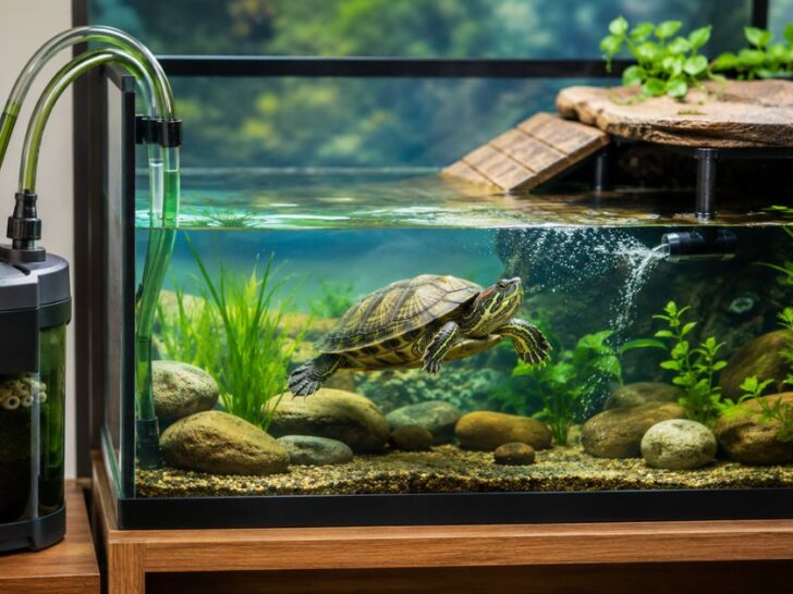 Aquatic turtle tank with clear water, canister filter, intake, return flow, plants, rocks, and basking dock.
