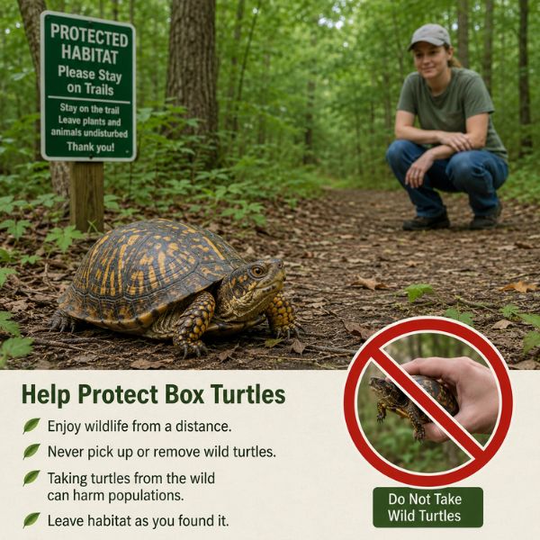 Box turtle conservation caution showing a wild box turtle, protected habitat, no collection warning, and safe observation.