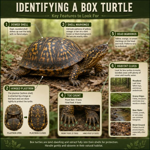 Box turtle identification features showing domed shell, hinged plastron, markings, toes, head color, and habitat clues.