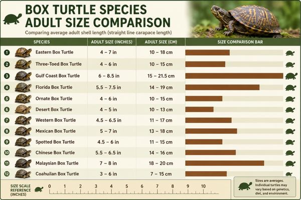 Box turtle species comparison chart including eastern box turtle, three-toed box turtle, Gulf Coast box turtle, Florida box turtle, ornate box turtle, desert box turtle, western box turtle, Mexican box turtle, spotted box turtle, Chinese box turtle, Malaysian box turtle, and Coahuilan box turtle.