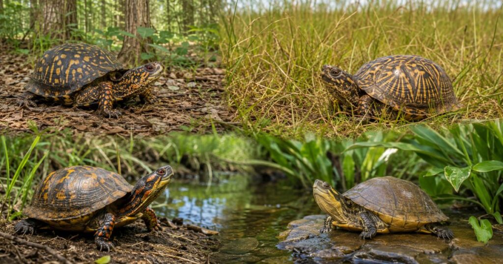 Box turtle species comparison showing eastern, ornate, Gulf Coast, Florida, and Asian box turtles in natural habitat settings.