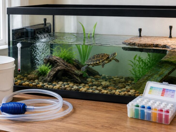 Clean aquatic turtle tank with filter flow, clear water, siphon, water test kit, thermometer, and dry basking dock.