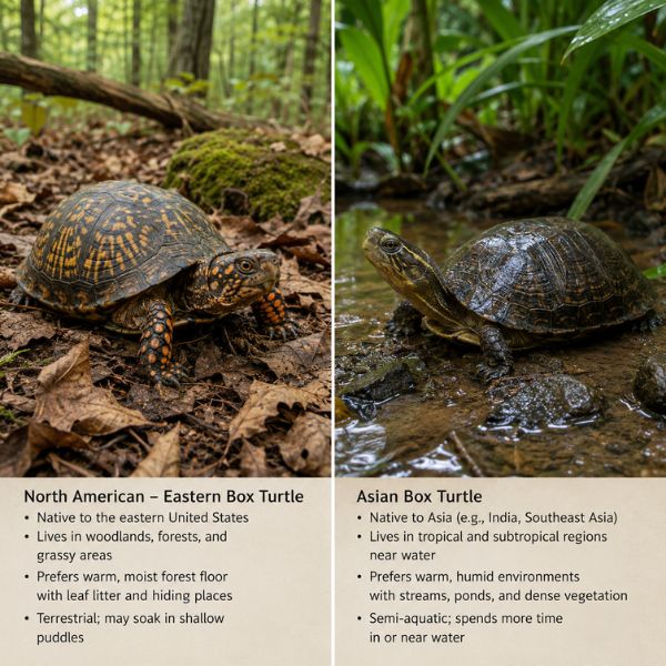 North American eastern box turtle in woodland leaf litter beside an Asian box turtle near shallow water and tropical plants, showing different box turtle habitat needs.