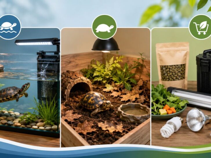 Beginner pet turtle care setup showing an aquatic turtle tank, basking dock, UVB light, filter, food, and cleaning supplies.