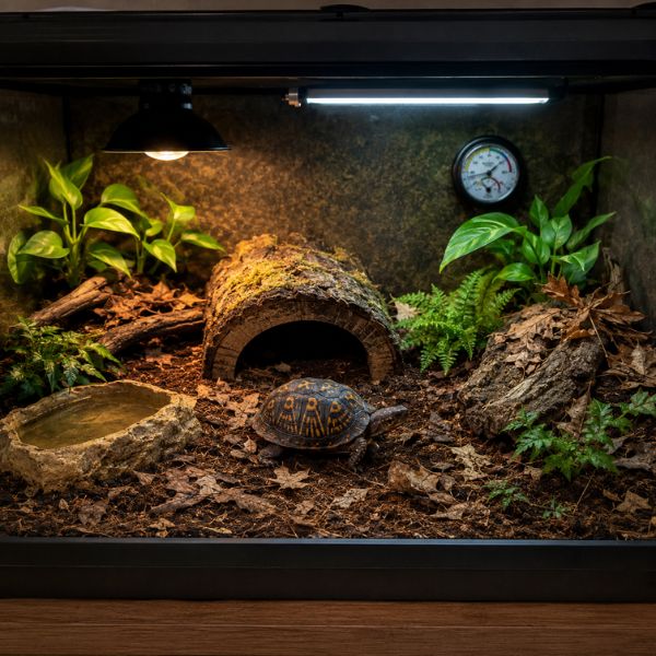 Box turtle in indoor enclosure with UVB light a thermometer a hide and substrate as well as plants.