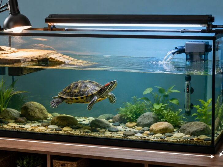 Red-eared slider tank setup with spacious aquarium, basking dock, filter, UVB light, heat lamp, and water heater.