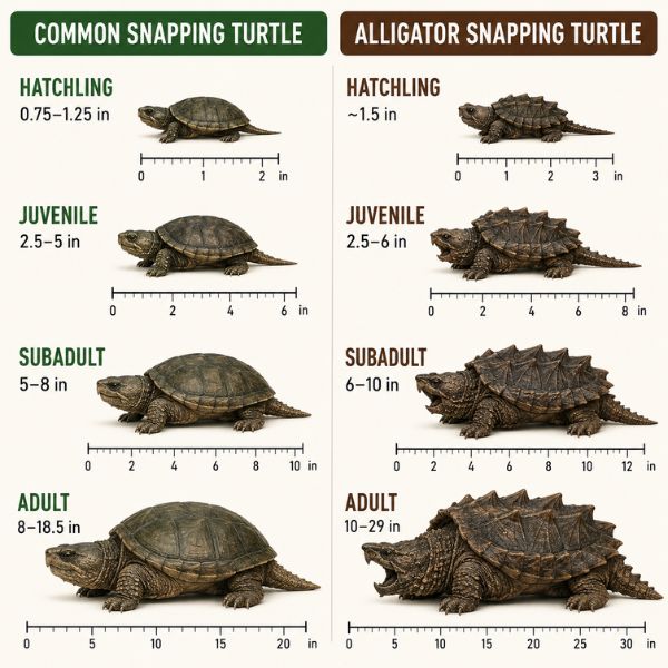 Snapping turtle age by size chart comparing common and alligator snapping turtle growth stages.