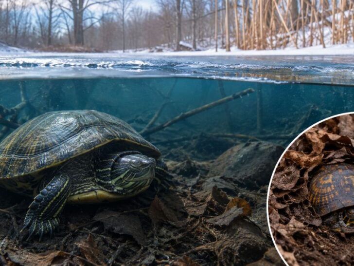 Freshwater turtle brumating underwater in winter with ice above and leaf litter below.