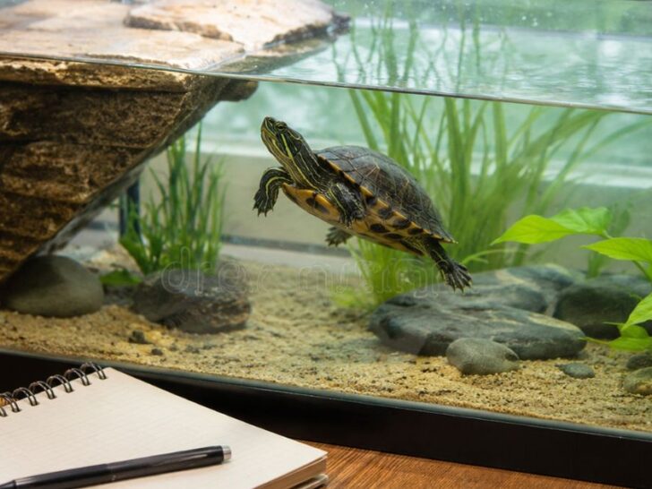 Turtle poop guide showing a clean aquatic turtle habitat, a healthy turtle, and a simple health tracking notebook.