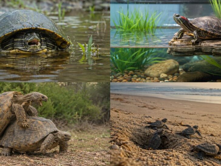 Turtle sounds educational image showing a turtle hissing, a red-eared slider chirping, a tortoise grunting, and sea turtle hatchlings in natural contexts.