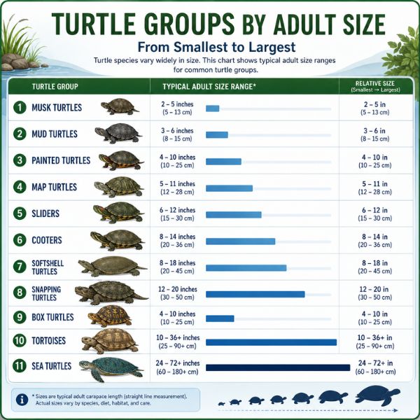 Turtle species adult size chart comparing musk, mud, painted, map, slider, cooter, softshell, snapping, box, tortoise, and sea turtle groups.