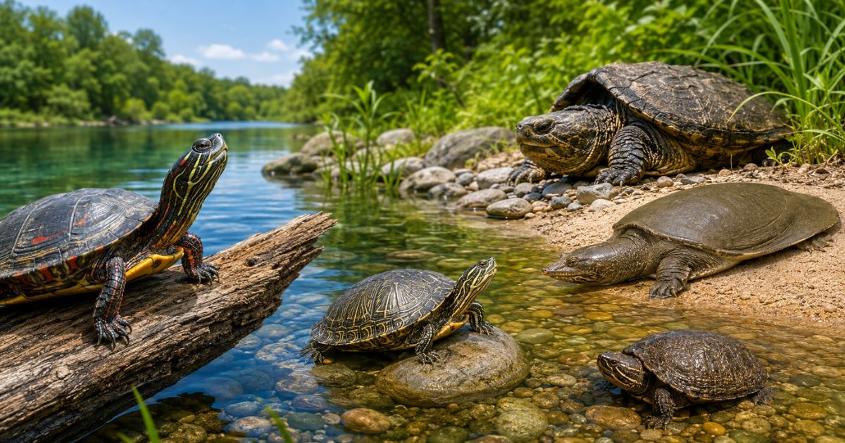 Turtle species comparison showing painted turtle, map turtle, musk turtle, softshell turtle, and snapping turtle in freshwater habitats.