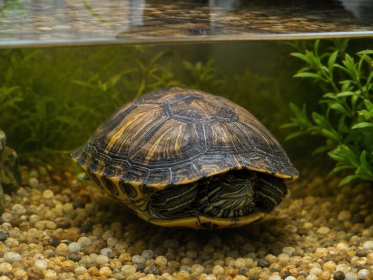 Turtle stress signs showing a turtle hiding in its shell near a calm, properly set up aquatic habitat.