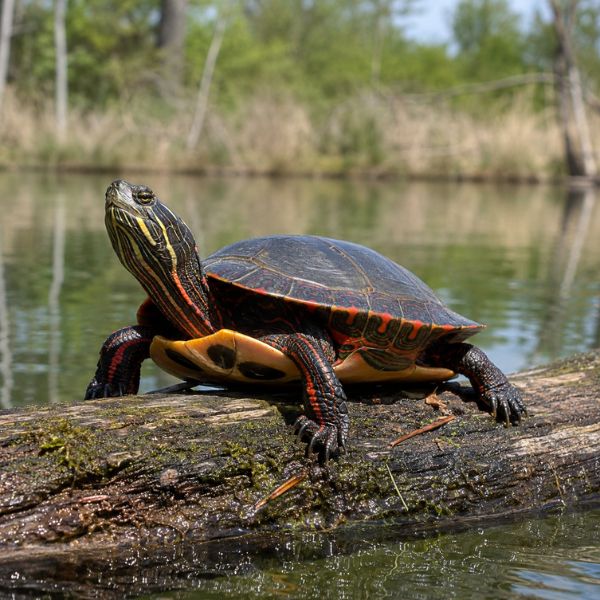 Western painted turtle basking with red shell margins and a patterned plastron.