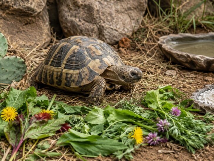 What tortoises eat showing a healthy tortoise with grasses, weeds, hay, leafy greens, cactus pad, shallow water, and calcium.